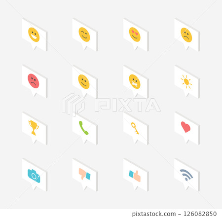 Set of Isometric icons for different apps. Contains such icons as like, star, location, message and more. Bubbles vector for business and social media. Set of Isometric icons for different apps. Contains such icons as like, star, location, message and more. Bubbles vector for business and social media. 126082850