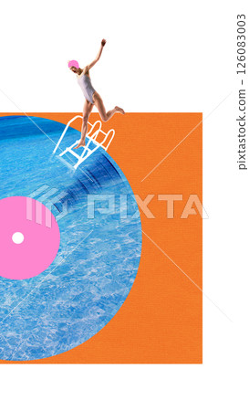 Woman in swimsuit jumps into pool on giant vinyl record against abstract background. 126083003