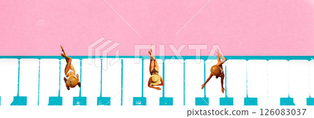 Same woman in swimsuits lying, sunbathing on giant piano keys like near swimming pool on pink background. Same woman in swimsuits lying, sunbathing on giant piano keys like near swimming pool on pink background. 126083037