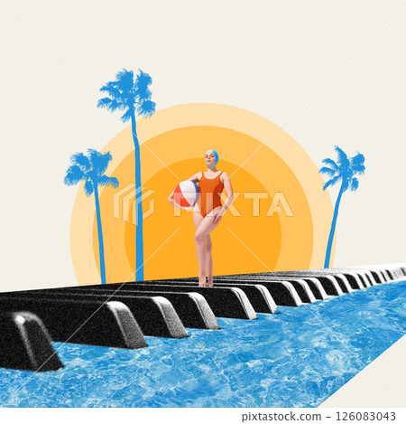 Woman in swimsuit with ball stands on piano keys extending into water with palm trees and sun backdrop. Woman in swimsuit with ball stands on piano keys extending into water with palm trees and sun backdrop. 126083043