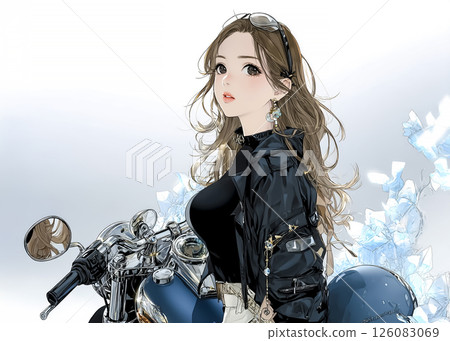 Illustration material of a woman riding a large motorcycle 126083069