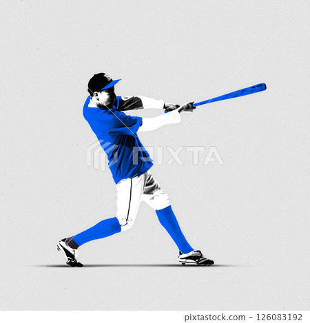 Poster. Contemporary artwork. Baseball batter in blue uniform swings with force, ball just struck against grey background. Textured. 126083192