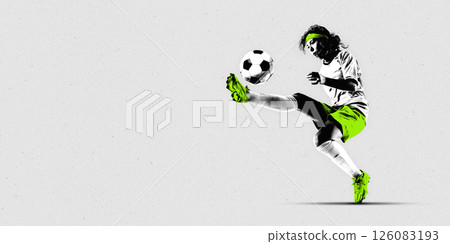 Poster. Contemporary artwork. Female soccer player in green uniform delivers powerful kick, body twisting in motion. Textured. 126083193