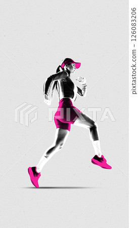 Poster. Contemporary artwork. Athletic woman in pink activewear captured mid-run, frozen in leap against neutral background. Textured filter. 126083206