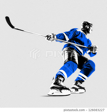 Poster. Contemporary artwork. Hockey player in blue crouches with stick ready, intense focus and poised energy against textured background. 126083227