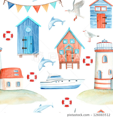 Yacht, dolphin, plank cabins and lighthouse watercolor seamless pattern on white. Hand painted art perfect for summer-themed fabric, beachwear, home decor, branding for coastal boutiques or stationary 126083512