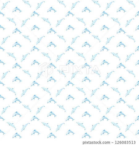 Two dolphins watercolor seamless pattern isolated on white. Hand-drawn blue monochromatic clip art perfect for notebooks, wrapping paper, wallpaper, tote bags, cards, eco, tourism, room decor and 126083513