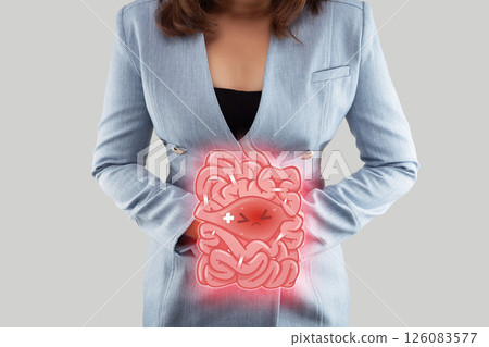 Illustration showing symptoms of intestinal obstruction. 126083577