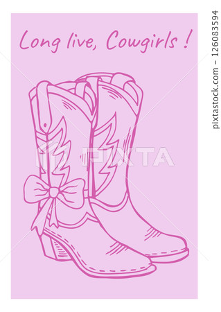Cowgirl line art illustration featuring stylish boots with a coquette bow accent in a playful pink background 126083594