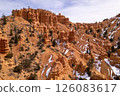 An aerial of Dixie National Forest in Utah.  Photographed from a high point of view using a drone.  Snow scattered among the pine trees and red rock hoodoos. 126083617
