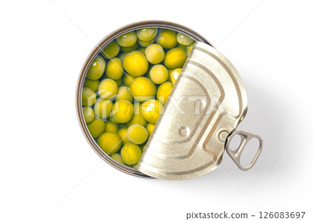 Open tin can of green peas on white background Open tin can of green peas on white background 126083697