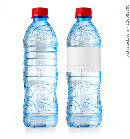 Small water bottles showing front view with blank label and without label Small water bottles showing front view with blank label and without label 126083700