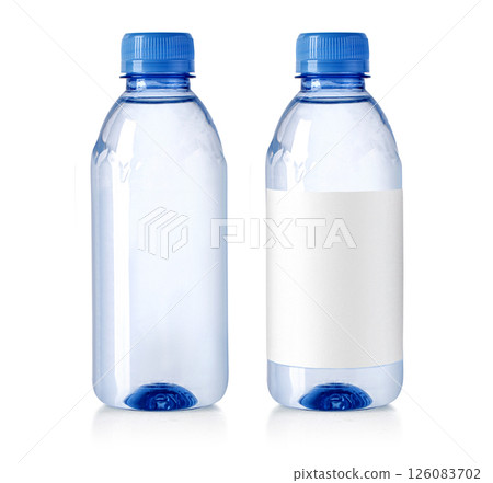 Small water bottles showing front view with blank label and without label Small water bottles showing front view with blank label and without label 126083702