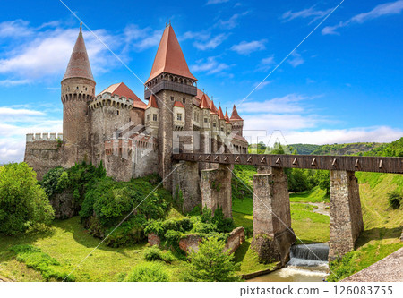 Corvin castle, a gothic-renaissance medieval landmark dominating the landscape in hunedoara, transylvania Corvin castle, a gothic-renaissance medieval landmark dominating the landscape in hunedoara, transylvania 126083755