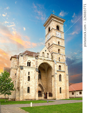 Alba iulia cathedral rising at sunset with colorful sky 126083771
