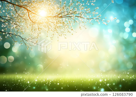 Bright Sunshine Through Tree Branches Over Green Grass and Soft Bokeh Background Bright Sunshine Through Tree Branches Over Green Grass and Soft Bokeh Background 126083790
