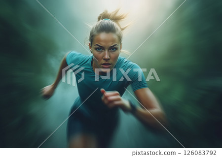 Young Woman Jogging in a Lush Park During a Serene Sunrise with Soft Morning Light 126083792