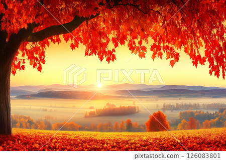 Majestic Autumn Landscape with Vibrant Orange Foliage and Soft Sunrise Over Rolling Mountains 126083801