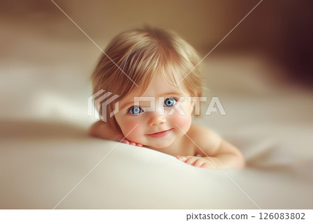 Adorable Smiling Baby with Bright Blue Eyes on Soft Bedspread, Capturing Pure Joy and Innocence 126083802