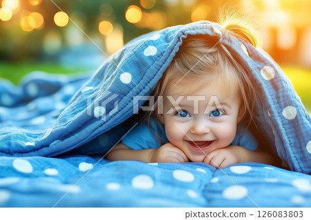 Adorable Baby Smiling Under Blue Blanket with Dots in Bright Outdoor Setting 126083803