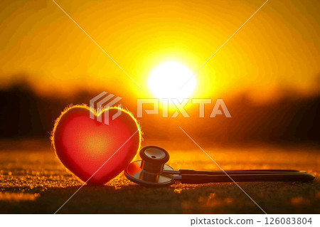 Heart Shape and Stethoscope at Sunrise for Health and Wellness Concepts 126083804