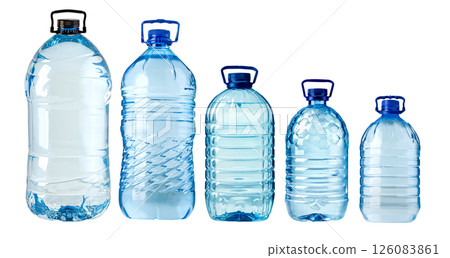 Different plastic water bottles showing variety of sizes and shapes 126083861