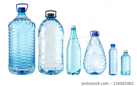 Different plastic water bottles showing variety of sizes and shapes 126083862