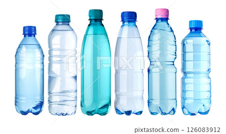 Different plastic water bottles showing variety of sizes and shapes 126083912