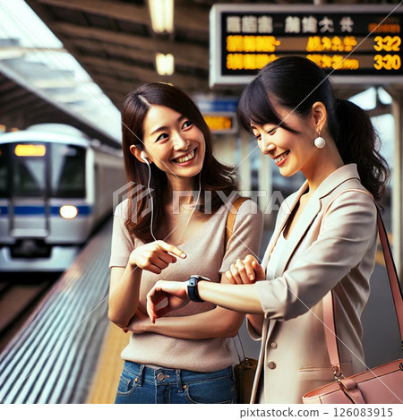 Two Japanese women are standing and chatting on a train platform while waiting for the next train. 126083915