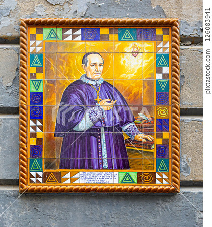 Glazed ceramic tile mural depicting saint anthony mary claret, spanish catholic archbishop 126083941