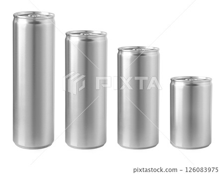 Four blank aluminum cans standing in increasing size order on white background 126083975