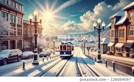 Stylish train and snowy scenery in Hakodate 126084097