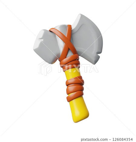 3D axe cartoon vector icon, iron or stone sharp blade tied to a wooden handle, game old weapon warrior or hunter hatchet 3D axe cartoon vector icon, iron or stone sharp blade tied to a wooden handle, game old weapon warrior or hunter hatchet 126084354
