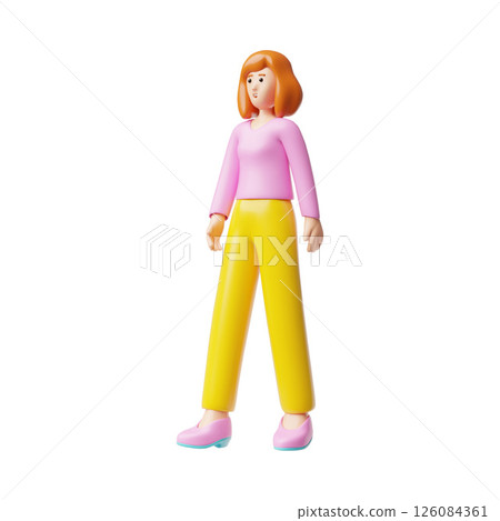 Beautiful young woman goes, walks 3D plastic style, cartoon smiling lady, vector female character portrait full length 126084361