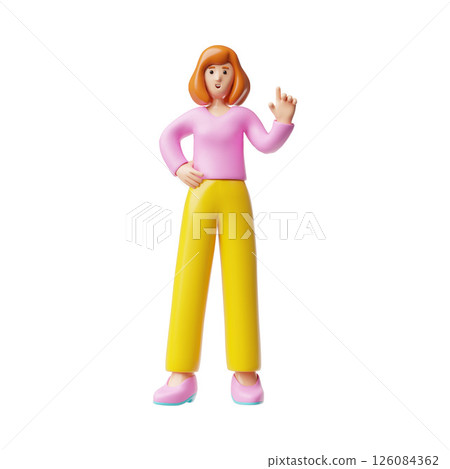 Young woman standing and showing hand gesture, finger pointing 3D plastic style cartoon vector illustration, doll toy Young woman standing and showing hand gesture, finger pointing 3D plastic style cartoon vector illustration, doll toy 126084362