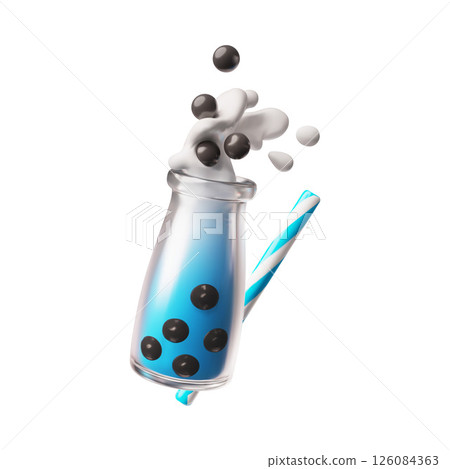 3d illustration of blue bubble tea in a bottle with tapioca balls, splashes and a straw. 126084363