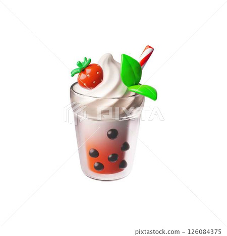 3d vector glass of bubble tea with tapioca balls, cream, strawberry, straw and mint leaves. 126084375