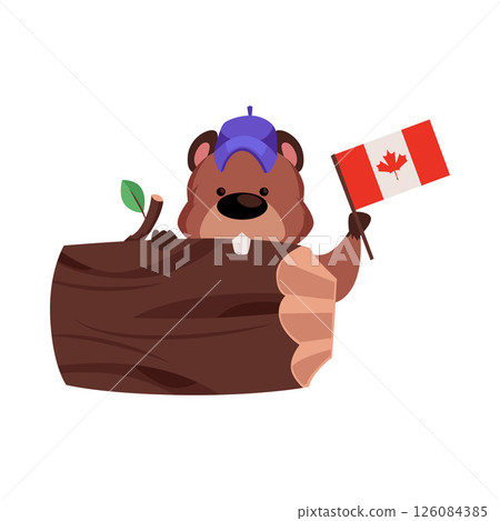 Cute beaver gnawing wood trunk and holding Canadian flag vector flat illustration, cartoon wild rodent patriotic animal 126084385