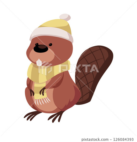 Cute beaver dressed in yellow hat and scarf, vector cartoon brown rodent animal with large tail, wild fauna character 126084393