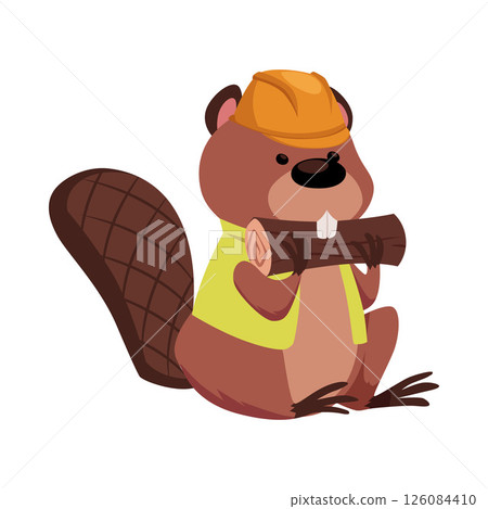 Cute beaver dressed in helmet and vest, holding and gnawing wood trunk, vector cartoon wild rodent animal builder worker 126084410