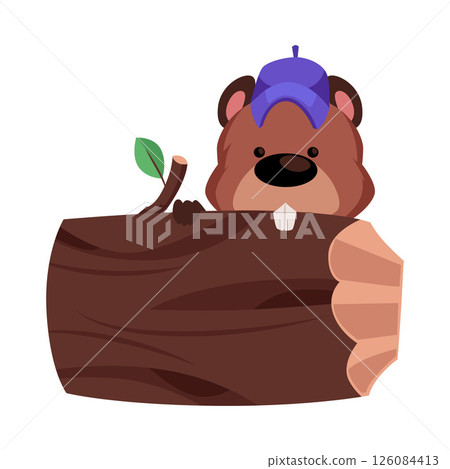 Beaver in a blue cap gnawing on a thick tree trunk. Cartoon rodent. Beaver in a blue cap gnawing on a thick tree trunk. Cartoon rodent. 126084413