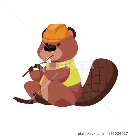 Cute beaver in a construction hat and vest, sitting and gnawing on a branch. 126084417