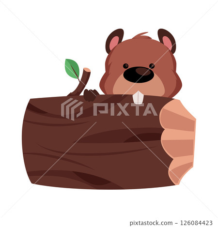 Cute beaver chewing wood vector flat illustration, cartoon wild animal gnawing huge tree trunk, funny fauna character 126084423