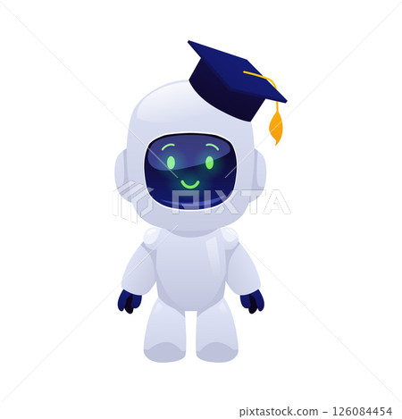 Chat bot robot with graduate cap, cute AI assistance machine vector flat icon, online education, distance studying Chat bot robot with graduate cap, cute AI assistance machine vector flat icon, online education, distance studying 126084454