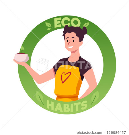 ECO habits green round logo vector design, young woman grows her own potted plants, crops, home ecological gardening ECO habits green round logo vector design, young woman grows her own potted plants, crops, home ecological gardening 126084457
