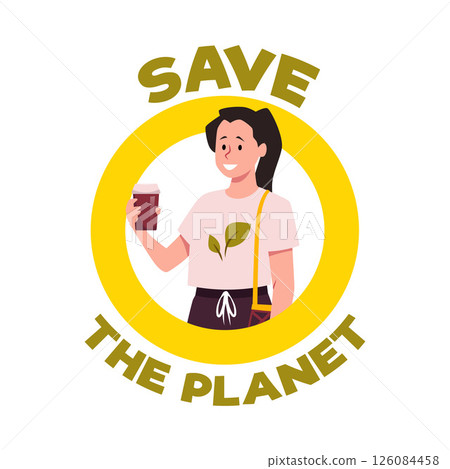 Save the planet. ECO lifestyle yellow round logo vector design, Zero waste, cartoon young woman with mesh bag and cup Save the planet. ECO lifestyle yellow round logo vector design, Zero waste, cartoon young woman with mesh bag and cup 126084458