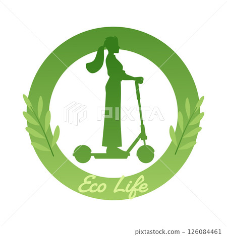 Active woman riding electric walk scooter, ECO life green silhouette logo vector design, ecological urban transport Active woman riding electric walk scooter, ECO life green silhouette logo vector design, ecological urban transport 126084461