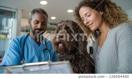 Veterinarian Consultation with a Dog and Owner in a Modern Clinic 126084480