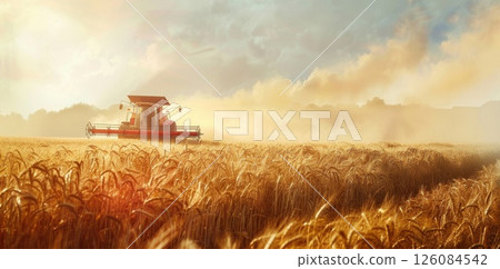 Golden Wheat Field with Combine Harvester Golden Wheat Field with Combine Harvester 126084542