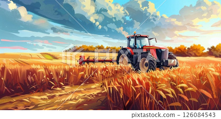 Red Tractor in a Field of Golden Wheat Red Tractor in a Field of Golden Wheat 126084543